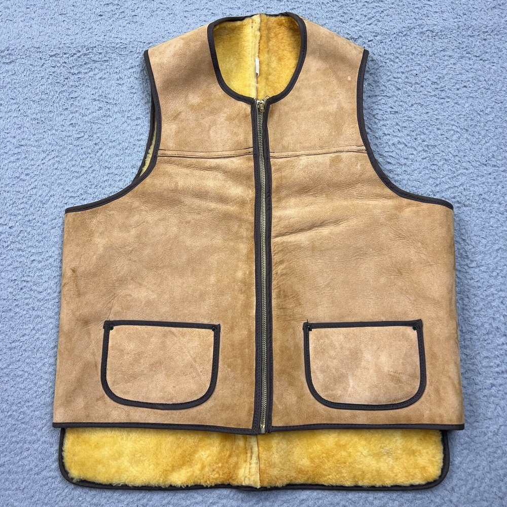 VTG Sheepskin Shearling Chore Vest Zip M USA Riveted Western Rancher 1940s 50s